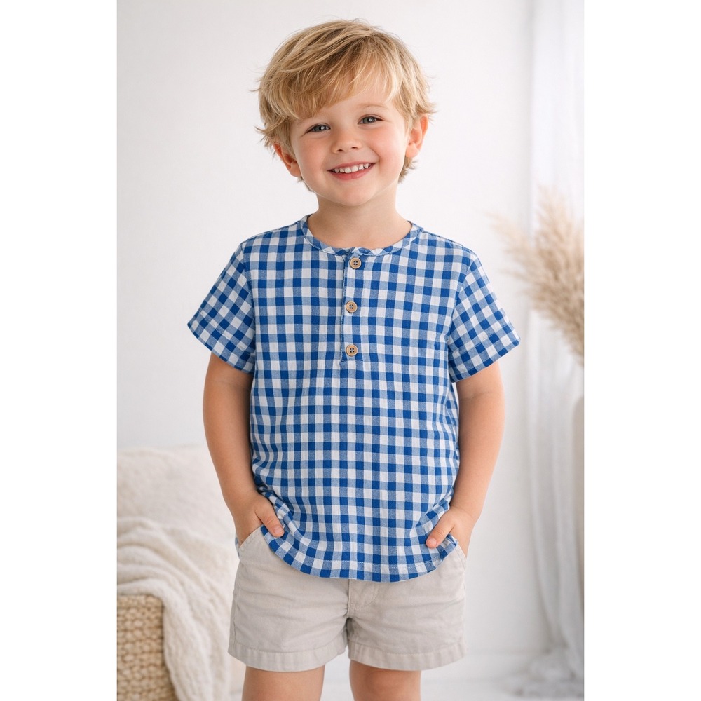 Show Me‎ Your Mumu Mini Boys Blue Gingham Seersucker Henley Top 1T NEW